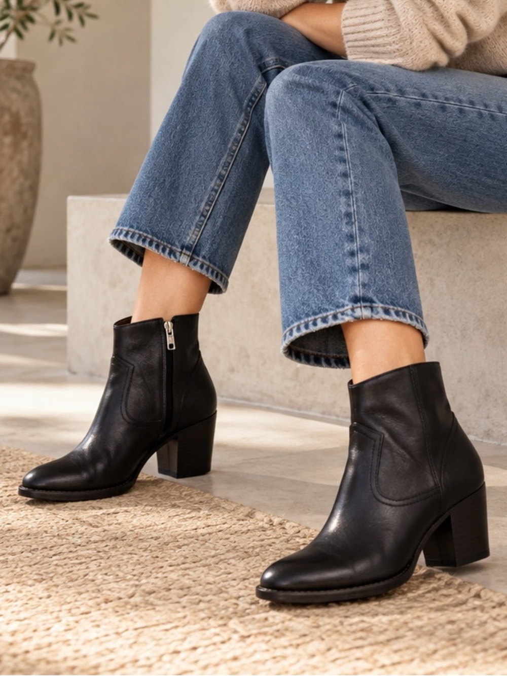 Madewell Black Leather Ankle Boots Size 8 Side Zip Block Heel Booties